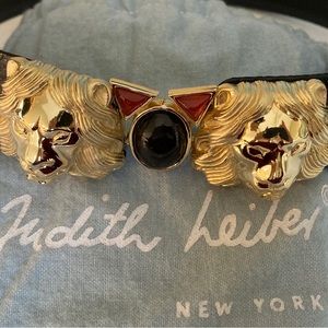 Judith Leiber “ Lionheads”black leather belt with precious Cabochon stones